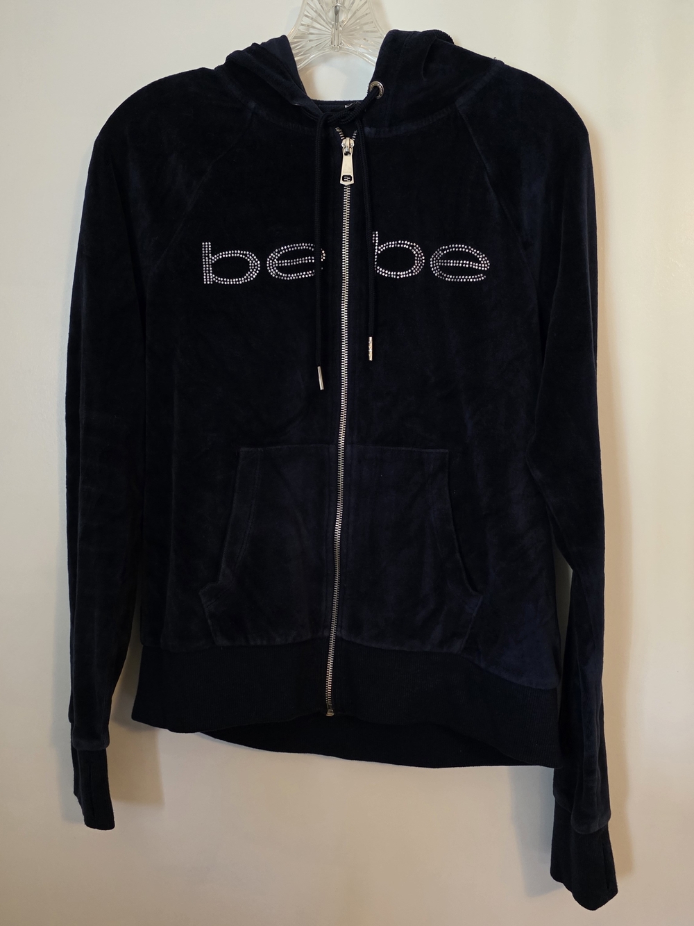 Vintage 2000s Bebe Sport Navy Dark Blue Velour Rhinestone Zip-Up Hoodie